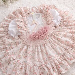Floral Swan Baby Dress with Double Lining & Matching Hair Clip | Full Puffy Look